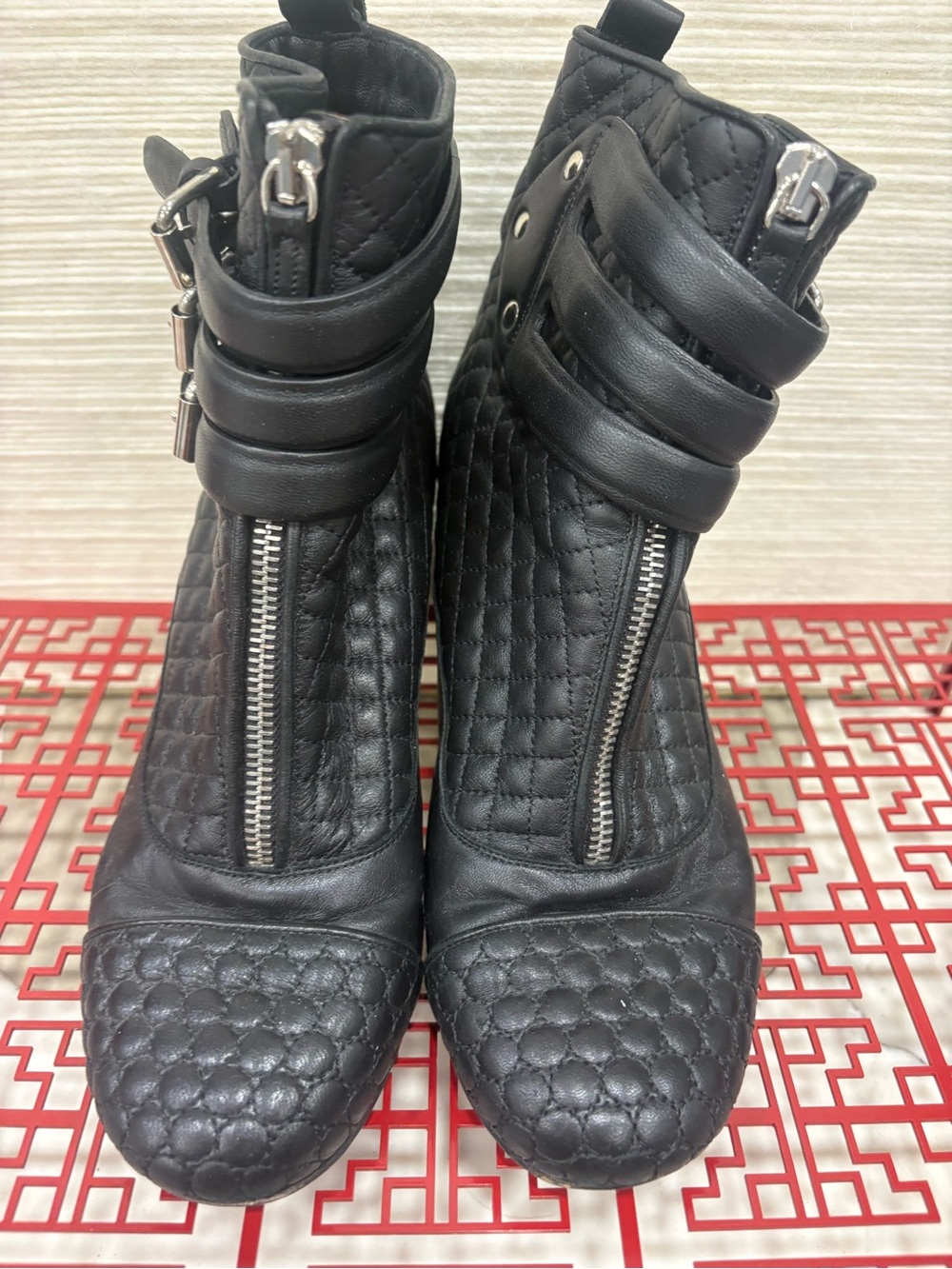 Tabitha Simmons quilted Black Leather Ankle Boots with Front Zip and Strap